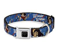 DC Comics Pet Collar, Dog Collar Metal Seatbelt Buckle, Wonder Woman Bombshell Pose Blue Red White, 15 to 24 Inches 1.0 Inch Wide