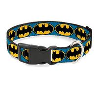 DC Comics Pet Collar, Dog Collar Plastic Buckle, Bat Signal Blue Black Yellow, 9.5 to 14.5 Inches 0.5 Inch Wide