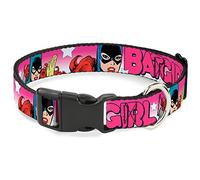 DC Comics Pet Collar, Dog Collar Plastic Buckle, Batgirl Bubble Letters Stars Pink White, 16 to 23 Inches 1.5 Inch Wide