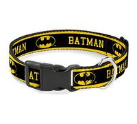 DC Comics Pet Collar, Dog Collar Plastic Buckle, Batman Logo Stripe Yellow Black, 13 to 17 Inches 1.5 Inch Wide