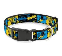 DC Comics Pet Collar, Dog Collar Plastic Buckle, Batman Poses and Logo Collage Black Blue Yellow, 20 to 31 Inches 1.5 Inch Wide