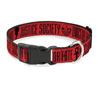DC Comics Pet Collar, Dog Collar Plastic Buckle, Black Adam Justice Society Icons and Text Red Black, 15 to 24 Inches 1.0 Inch Wide