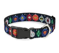 DC Comics Pet Collar, Dog Collar Plastic Buckle, DC Comics Justice League Holiday Ornament Icons and Stars, 15 to 24 Inches 1.0 Inch Wide