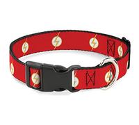DC Comics Pet Collar, Dog Collar Plastic Buckle, DC League of Super Pets Flash Bolt Logo Red Yellow White, 16 to 23 Inches 1.5 Inch Wide