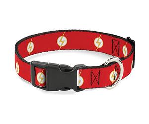 DC Comics Pet Collar, Dog Collar Plastic Buckle, DC League of Super Pets Flash Bolt Logo Red Yellow White, 13 to 17 Inches 1.5 Inch Wide