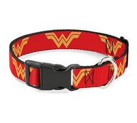 DC Comics Pet Collar, Dog Collar Plastic Buckle, DC League of Super Pets Wonder Woman Logo Red Yellow, 7 to 8.5 Inches 0.5 Inch Wide