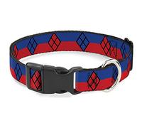 DC Comics Pet Collar, Dog Collar Plastic Buckle, Harley Quinn Diamond Stripe Red Blue, 11 to 16.5 Inches 1.0 Inch Wide