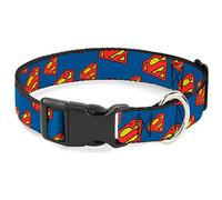 DC Comics Pet Collar, Dog Collar Plastic Buckle, Super Shield Diagonal Royal Blue Red, 15 to 24 Inches 1.0 Inch Wide