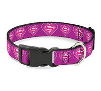 DC Comics Pet Collar, Dog Collar Plastic Buckle, Superman Logo in Heart Purple White Pink, 11 to 16.5 Inches 1.0 Inch Wide