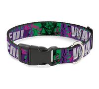 DC Comics Pet Collar, Dog Collar Plastic Buckle, The Joker Wanted Smiling Pose and Graffiti Purples Greens, 16 to 23 Inches 1.5 Inch Wide