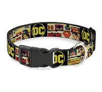 DC Comics Pet Collar, Dog Collar Plastic Buckle, Vintage DC Comics Superhero and Logos Collage Black, 15 to 24 Inches 1.0 Inch Wide