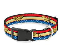DC Comics Pet Collar, Dog Collar Plastic Buckle, Wonder Woman Logo Stripe Stars Red Gold Blue White, 13 to 17 Inches 1.5 Inch Wide