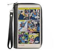 DC Comics Wallet, Zip Around, Superman Clark Kent Retro Comic Scene Blocks, Vegan Leather, Gray, 7.5"x4.5", Casual
