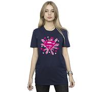DC Comics Women's Superman Pink Hearts and Stars Logo Boyfriend Fit T-Shirt Navy Blue Large