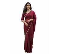 DC ELEMENTS Women Ready to Wear Eid Ramadan Dress Fendy Silk Saree Stitched Blouse Maroon One Minute Pre-Pleated Designer Sari Festive Party Wear Wedding Size 38 (Fits upto 44 in)