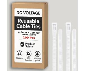 DC VOLTAGE 100 Pcs Reusable White Cable Ties, 250mm x 4.8mm, 10" Plastic Tie Wraps HeavyDuty Releasable Strong Nylon Zip Ties for Home Office Garage and Workshop (4.8 x 250 mm -White)