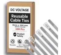 DC VOLTAGE 100 Pcs Reusable White Cable Ties, 300mm x 8mm, 8" Plastic Tie Wraps HeavyDuty Releasable Strong Nylon Zip Ties for Home Office Garage and Workshop (8 x 300 mm -White)