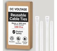 DC VOLTAGE 100 Pcs Reusable White Cable Ties, 300mm x 8mm, 8" Plastic Tie Wraps HeavyDuty Releasable Strong Nylon Zip Ties for Home Office Garage and Workshop (8 x 300 mm -White)