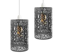 DC VOLTAGE 2 Pack of Industrial Metal Bulb Guard Drum Shaped Lampshades for Ceiling Pendant Lights, Indoor Easy Fit Wire Cages for Kitchen, Hallways (S5 - Brushed Silver)