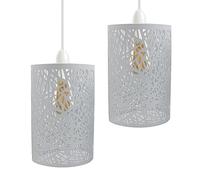 DC VOLTAGE 2 Pack of Industrial Metal Bulb Guard Drum Shaped Lampshades for Ceiling Pendant Lights, Indoor Easy Fit Wire Cages for Kitchen, Hallways (S5 - White)