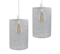 DC VOLTAGE 2 Pack of Pendant Light Shade Metal Drum Shaped Wire Cage Industrial Easy fit Ceiling Indoor Lampshade for Kitchen Living Room Corridor (White)