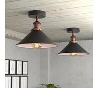 DC VOLTAGE 2 Pack Vintage Flush Mount Ceiling Lamp E27 Ceiling Light Fixture Easy Fit Rust Free Long Lasting Metal 22cm Black Inner White Cone Shade Living Room Hallway Lighting Without Bulb