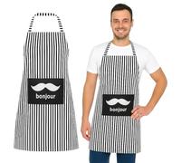 DC VOLTAGE 2 Pcs Adjustable Cotton Aprons with Pocket for Women Men Unisex Bib Aprons Black & White Striped Bonjour Kitchen Butchers Chefs Home Kitchen Restaurant School College Coffee Gardening