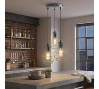 DC VOLTAGE 3 Light Brushed Silver Cage Pendant Light E27 | 90cm Adjustable Cables | Create Custom Hanging Heights | Ideal for modern interiors