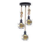DC VOLTAGE 3 Light Rope Pendant Ceiling Light Industrial Metal 16 cm Cage Shade with E27 Holders, 95 cm Adjustable Cable Rustic Hanging Light Fixture for Dining Room, Kitchen, Bar