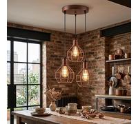 DC VOLTAGE 3 Light Rustic Red Cage Pendant Light E27 with Bulbs