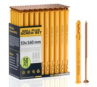 DC VOLTAGE 50 Pcs Wall Plugs and Screws Set 10mm x 160mm Concrete Fixings Screws and Wall Expansion Anchors Plugs Kit Wall Hanging Mounting TV Mount Drywall Self Tapping Screw Wall Plug