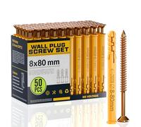 DC VOLTAGE 50 Pcs Wall Plugs and Screws Set 8mm x 80mm Concrete Fixings Screws and Wall Expansion Anchors Plugs Kit Wall Hanging Mounting TV Mount Drywall Self Tapping Screw Wall Plug