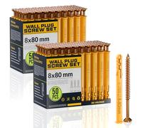 DC VOLTAGE 50pcs x 2 Wall Plugs and Screws Set 8 x 80 mm Anchor Bolts For Masonry Brick Concrete Heavy Duty Brick Concrete Fixings Plugs Set