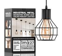 DC VOLTAGE Black Wire Basket Cage Pendant Light E27 with Bulb, 90cm Adjustable Ceiling Lantern, Industrial Metal Hanging Lamp for Kitchen Dining Room