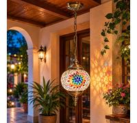 DC VOLTAGE Handmade Turkish Mosaic Pendant Lamp Moroccan Style Ceiling Lantern with Colourful Glass Globe and Chain Suspension for Living Room Bedroom and Hallway (with Out Bulb)