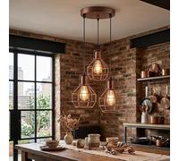 DC VOLTAGE Industrial 3 Light Pendant Ceiling Light with 3 x E27 Edison Bulbs Included, Adjustable Hanging Cables (Max 90cm), Rustic Red Metal Cage Nest Design, Modern Lighting for Dining Room