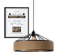 DC VOLTAGE Industrial Hemp Rope Pendant Light- 40cm Industrial Retro Ceiling Light Fixure with 1m Adjustable Cable for Living Room Bedroom Kitchen Rustic Home Decor