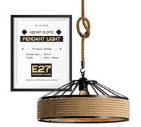 DC VOLTAGE Industrial Metal & Hemp Rope Pendant Light with 2m Adjustable Rope, 30cm Retro Hemp Rope Black Ceiling Lampshade Pendant Lamp Shade for Living Room Bedroom Kitchen Hallways Floor Lamp