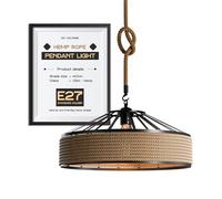 DC VOLTAGE Industrial Metal & Rope Pendant Light Shade,40cm Retro Hemp Rope Black Ceiling Lampshade with 2m Adjustable Rope Lamp for Living Room Bedroom Kitchen Hallways Floor Lamp