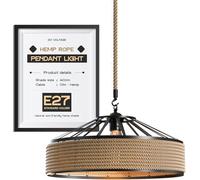 DC VOLTAGE Industrial Metal & Rope Pendant Light Shade 40cm Retro Hemp Rope Black Ceiling Lampshade with 1m Adjustable Rope Pendant Lamp Shade for Living Room Bedroom Kitchen Hallways