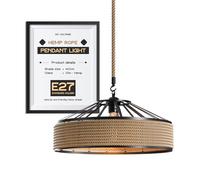 DC VOLTAGE Industrial Metal & Rope Pendant Light Shade,40cm Retro Hemp Rope Black Ceiling Lampshade with 1m Adjustable Rope Pendant Lamp Shade for Living Room Bedroom Kitchen Hallways Floor Lamp