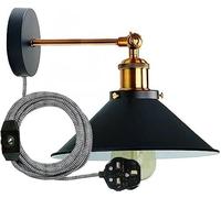 DC VOLTAGE Industrial Plug in Wall Light Fixture, Vintage 2m Fabric Cable 3 Pin Wall Mounted Sconce Adjustable Arm 180º LED E27 Base Antique Retro Metal 22cm Shade for Bedside Kitchen (Black)