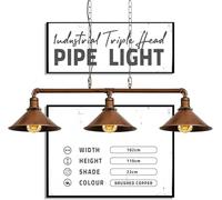 DC VOLTAGE Industrial Suspended Ceiling Pendant 3 Lamp Brushed Copper Metal Water Pipe Vintage 22cm Shade with Hanging Chain Light Fitting for Living Room Home Decor & Improvement (with Bulb)