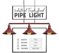 DC VOLTAGE Industrial Suspended Ceiling Pendant 3 Lamp Rustic Red Metal Water Pipe Vintage 22cm Shade with Hanging Chain Light Fitting for Living Room Home Decor & Improvement Essential