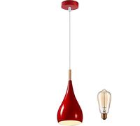 DC VOLTAGE Modern Teardrop Shaped Pendant Light Shade with Decorative Wood, Adjustable Cord E27 Base Hanging Ceiling Island Lighting Ideal for Dining Room, Bar, Clubs, Restaurants (Red, with Bulb)