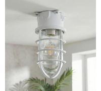 DC VOLTAGE Nautical Bulkhead Ceiling Light with Clear Glass & Cage | Industrial Marine Cage Ceiling Light