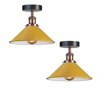 DC VOLTAGE Pack of 2 Vintage Ceiling Lighting Metal E27 Fitting 22cm Yellow Cone Shade Semi Flush Mount Ceiling Lamp for Bedroom Kitchen Hallway with Bulb