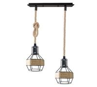 DC VOLTAGE Retro 2 Head Ceiling Pendant Light Metal Hemp Rope Covered Bird Cage Lampshade with Adjustable Cable Rectangle Canopy Lamp for Dining Room Hallway Restaurant Cafe Bedroom Kitchen
