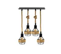 DC VOLTAGE Retro 4 Head Ceiling Pendant Light Metal Hemp Rope Covered Bird Cage Lampshade with Adjustable Cable Rectangle Canopy Lamp for Dining Room Hallway Restaurant Cafe Bedroom Kitchen
