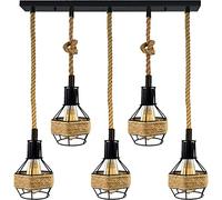 DC VOLTAGE Retro 5 Head Ceiling Pendant Light Metal Hemp Rope Covered Bird Cage Lampshade with Adjustable Cable Rectangle Canopy Lamp for Dining Room Hallway Restaurant Cafe Bedroom Kitchen